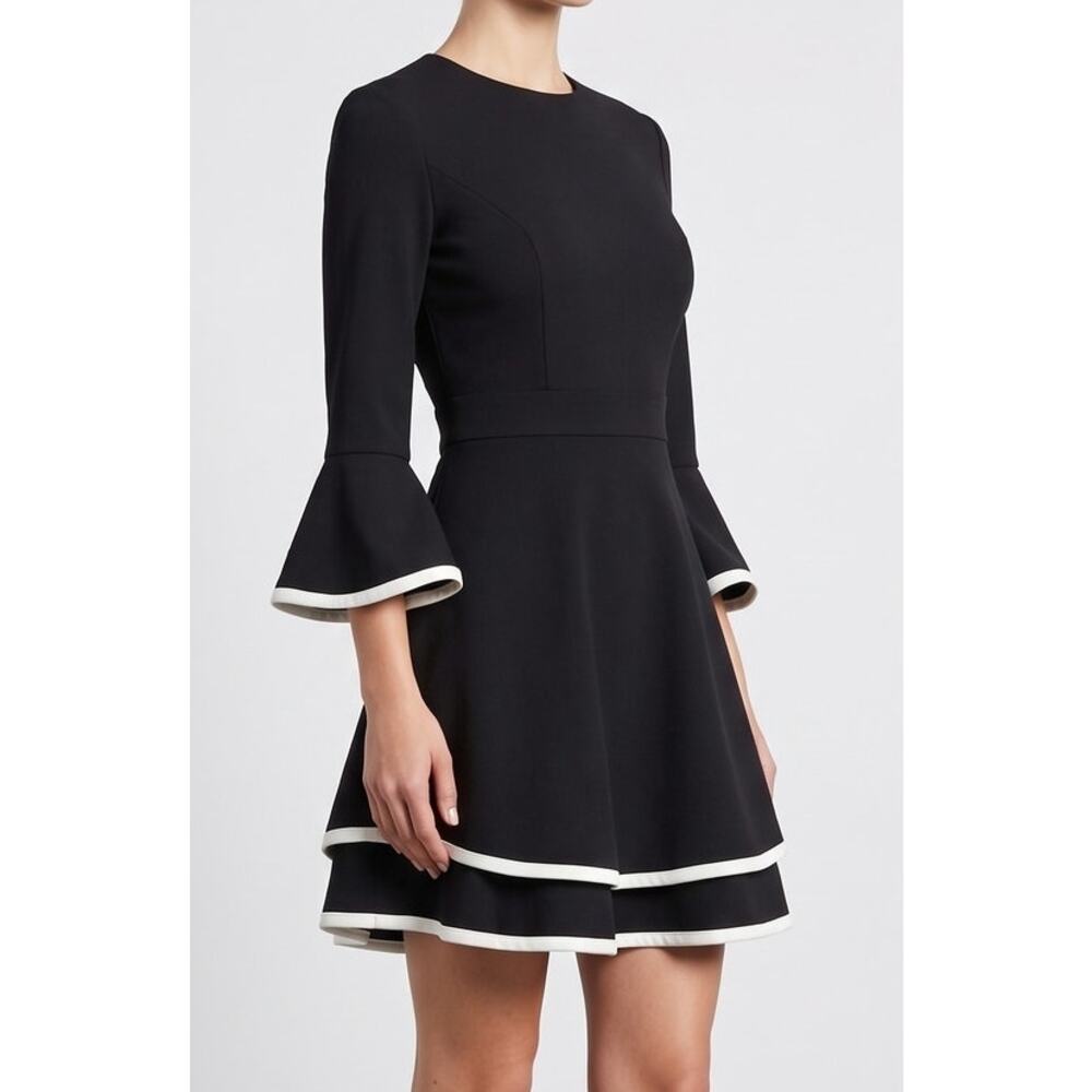 Eliza J 4P Petite Dress Bell Sleeve Fit Flare Black Contrasting White Trim